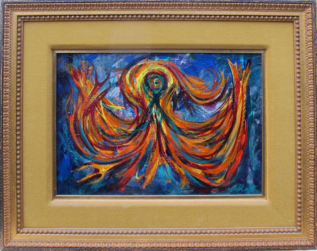 Diabla: This piece by Arthur Kraft is aptly named "Diabla." Featuring vivid primary and secondary colors. It is small to medium in size measuring 10" x 14" and is in good condition. Wood frame with gold velve