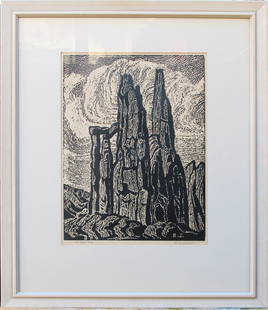 The Great Spires: This woodcut piece by artsit Birger Sandzen is titled "The Great Spires" and is dated 1922. Medium-large in size it measures 16' x 12" and was done in and unnumbered edition of 50. It is in good condi