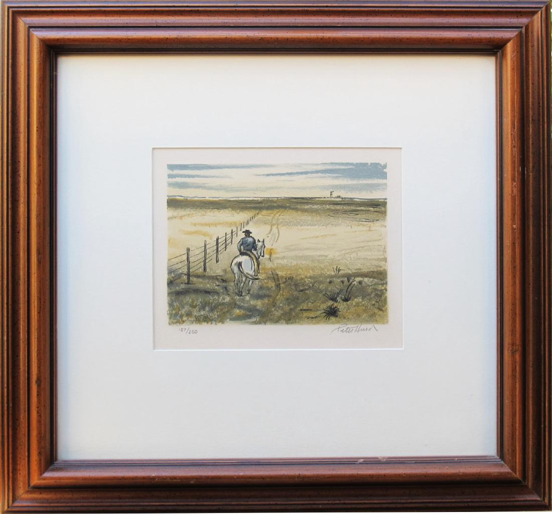 riding the fence: This lithograph by Peter Hurd features a cowboy on a horse checking his fence, his homestead in the back ground. A small piece, measuring 5.5" x 7.5", it is numbered 107/250 and is in museum quality m