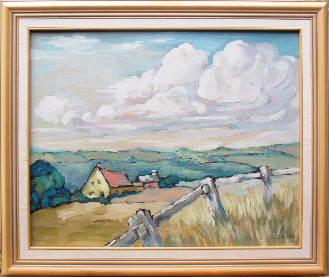 pastel farm: This original acrylic piece by artist R. C. Ellsworth features a wood fence and wheat in the foreground with a farmstead with rolling fields and large clouds in the background. A lovely piece, measuri