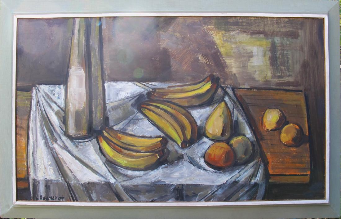 Still life with fruit: This original oil on board painting by Prairie Print Maker, Lester Raymer features a still life with fruit. In a Raymer-made frame the image and frame together measure 20" x 30.75". This piece is in g