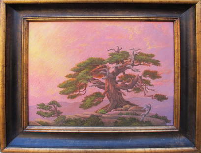 Sunset on an Ancient Tree: This original oil on board painting by Sandzen student Emerson Glass is titled "Sunset on an Ancient Tree" and measures 14" x 18". This pieces is in good condition and in a wood frame.