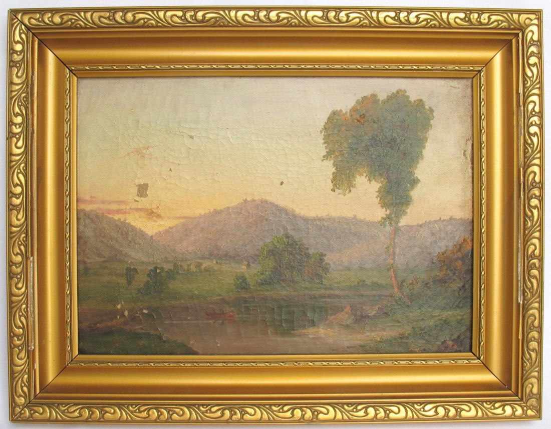 Pond with Boat: This original oil on board piece by English artist David Bates features a serene pond with a red boat and large hills or mountains in the background. A small piece measuring 10.5" x 14, this piece is