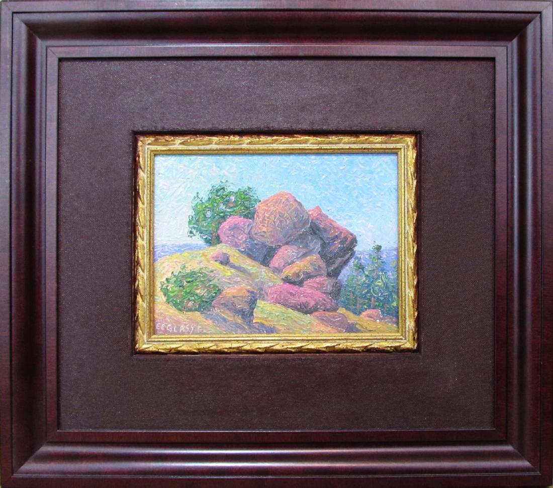 Sunrise on an Outcropping: Thi original oil on board painting by artist Emerson Glass features the image of a sunrise on an outcropping. This piece measures 6" x 8", is in good condition, and is signed by the artist in the lowe