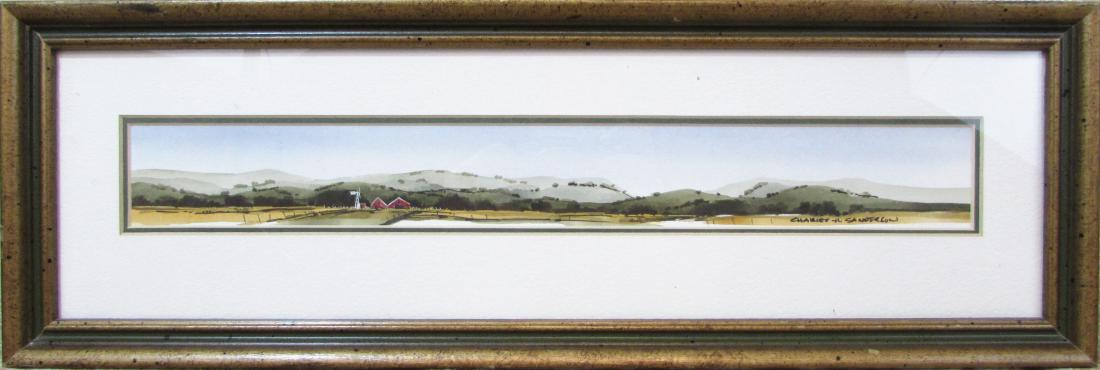 Farm with Hills: This original watercolor by artist Charles Sanderson features an image of a farm with hills. In good condition, this piece measures 1.75" x 15" and is signed by the artist in the lower right corner. C
