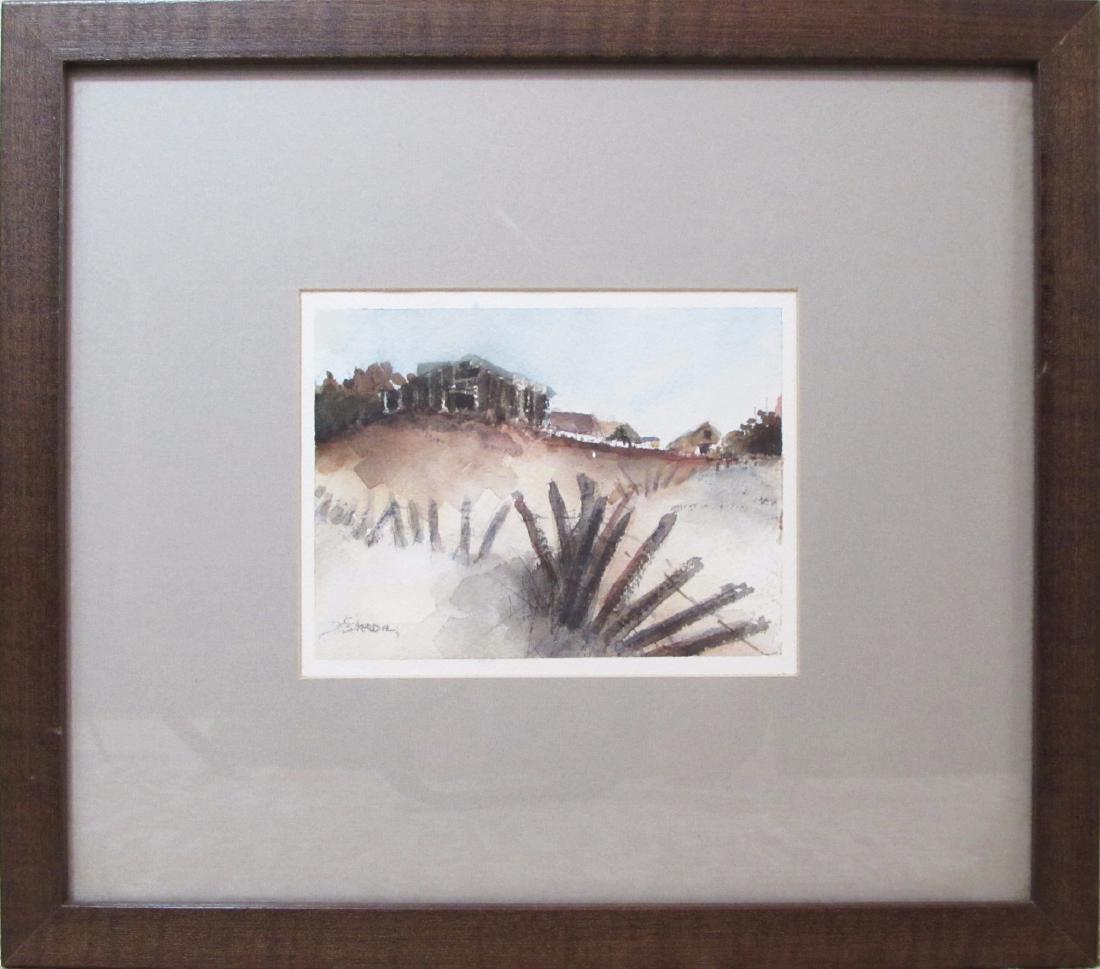 Barn with Fence: This original watercolor painting by artist Salvador Estrada features the image of a road in the woods and measures 5.25" x 7". This piece is in good condition and is signed in the lower left corner.