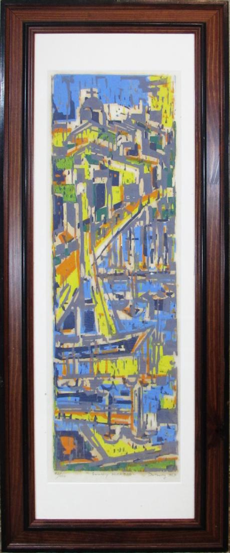 Sunny Harbor: This woodcut piece by artist Werner Drewes is titled "Sunny Harbor" and measures 24" x 7". This piece is dated 1957, is numbered 82/200, and is signed in the lower right corner. It is in fair conditio