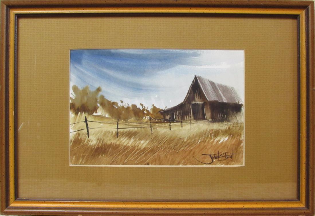 Weathered Barn: This original watercolor by Hutchinson, KS artist, Jack Stout features the image of a weathered barn. In good condition, this piece measures 6" x 10" and is signed by the artist in the lower right cor