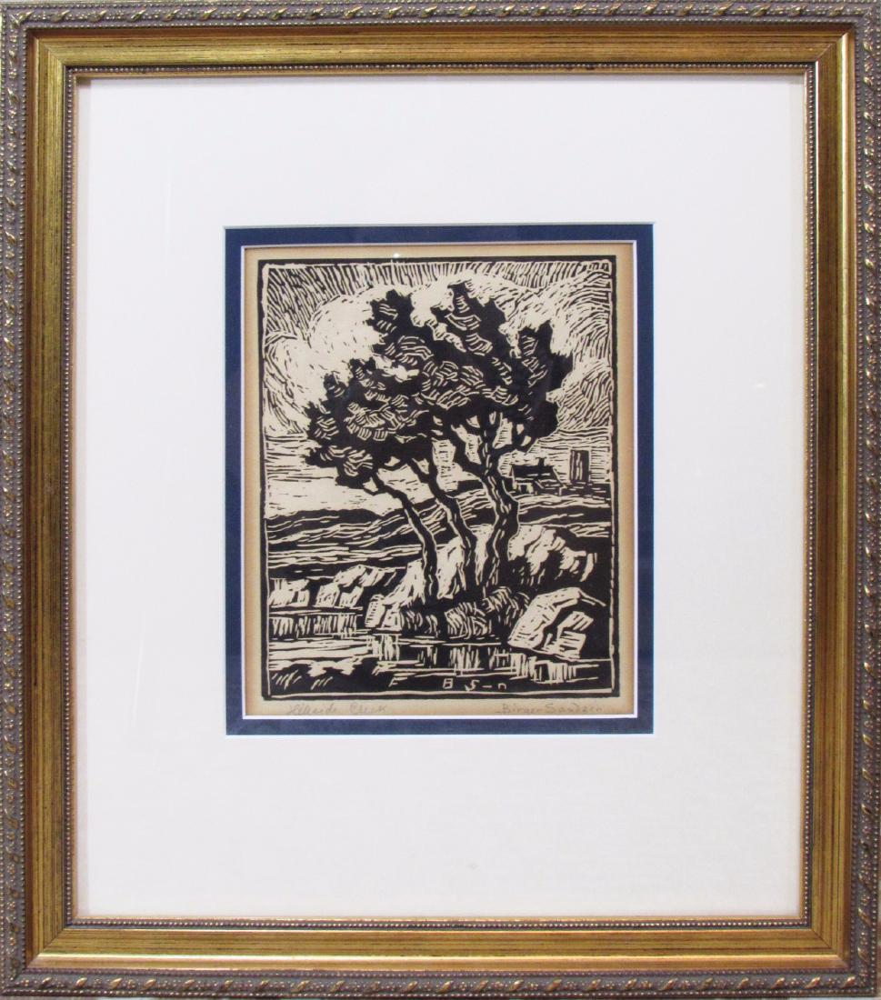 Hillside Creek: This original linocut by artist Birger Sandzen is titled "Hillside Creek" and is dated 1938. In fair condition with some acid burn, this piece measures 6" x 4.75" and is pencil signed by the artist in