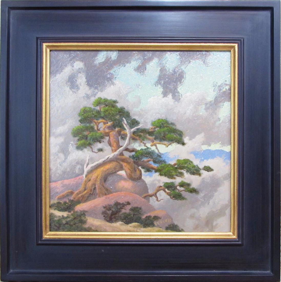 Storm in the Rockies: This original oil on board painting by artist Emerson Glass features the image of a Rocky Mountain sunset. Measuring 12" x 12", this piece is in good condition and is signed by the artist in the lower