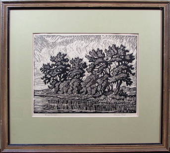 Prairie Pond: This original linocut by artist Birger Sandzen is titled "Prairie Pond" and is dated 1928. In fair condition with some acid burn, this piece measures 9" x 12" and is pencil signed by the artist in the