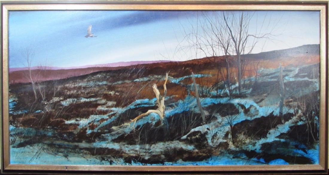 Landscape with Hawk: This original acrylic on board piece by artist Tom Palmerton is titled "Landscape with Hawk". Measuring 24" x 48", this piece is in good condition and is signed by the artist in the lower left corner.