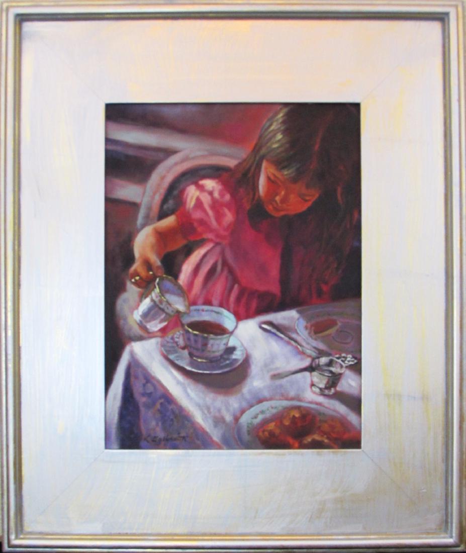 Girl Pouring Tea: This orignial oil on canvas painting by artist K. Galbraith features the image of a girl pouring tea and measures 15.75" x 11.5"