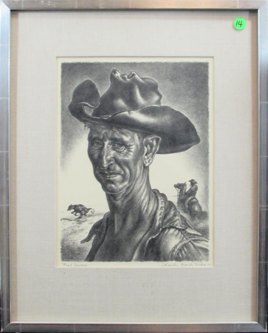 Charles Banks Wilson, lithograph, "Real Cowboy" 1969: This original lithograph by artist Charles Banks Wilson, is titled "Real Cowboy" and is dated 1969. In good condition, the image measures 12.25" x 9" and is signed by the artist in the lower right cor