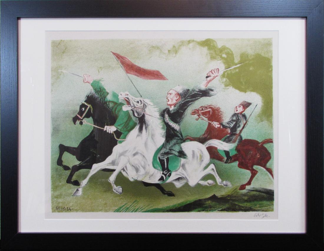 William Gropper, lithograph, untitled: This original lithograph by artist William Gropper features the image of a red Calvary and is in good condition. The image measures 14" x 18" and is signed by the artist in the lower right corner. Win