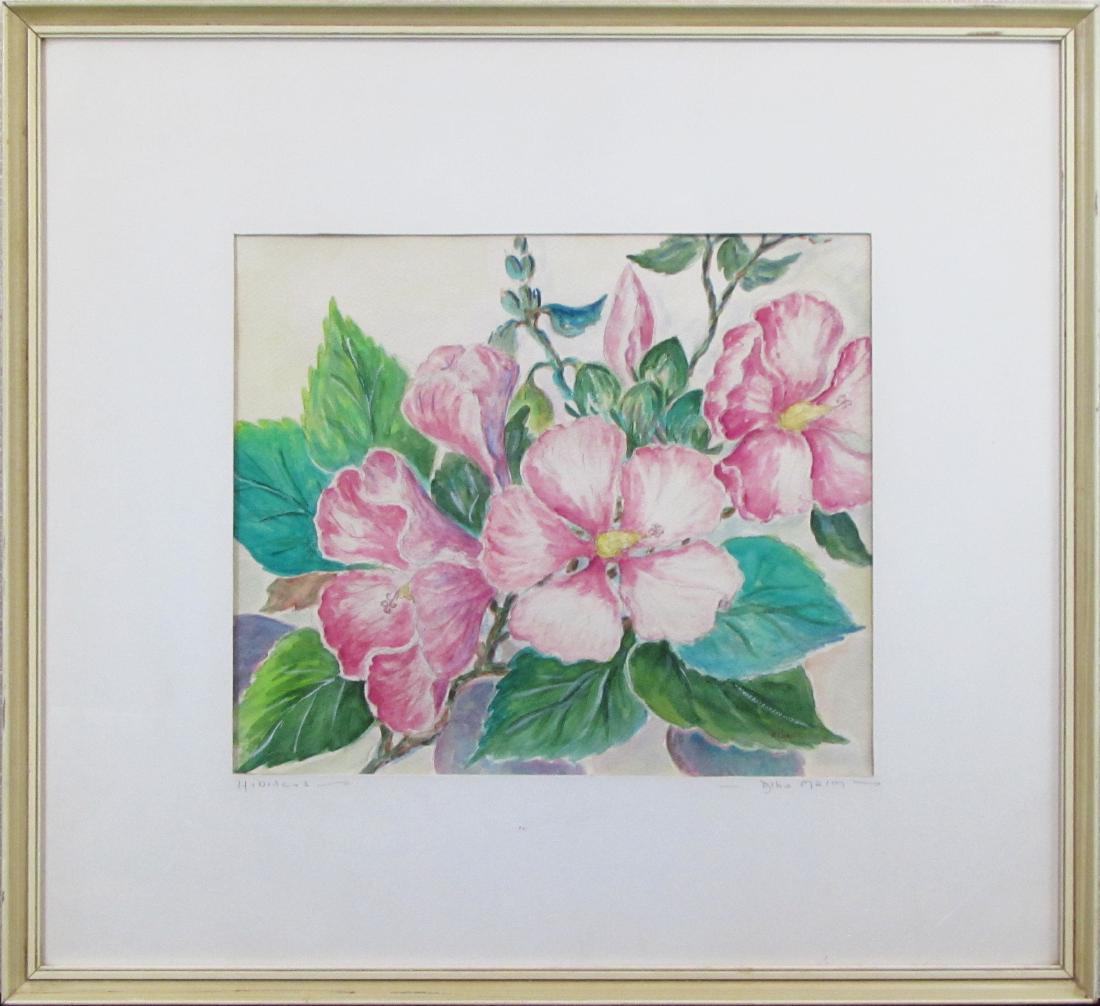 Alba Malm, watercolor, "Hibiscus": This original watercolor by Lindsborg, KS artist Alma Almquist Malm, is titled "Hibiscus" and is in good condition. Measuring 11.5" x 13.5", this piece is in good condition and is signed by the artist