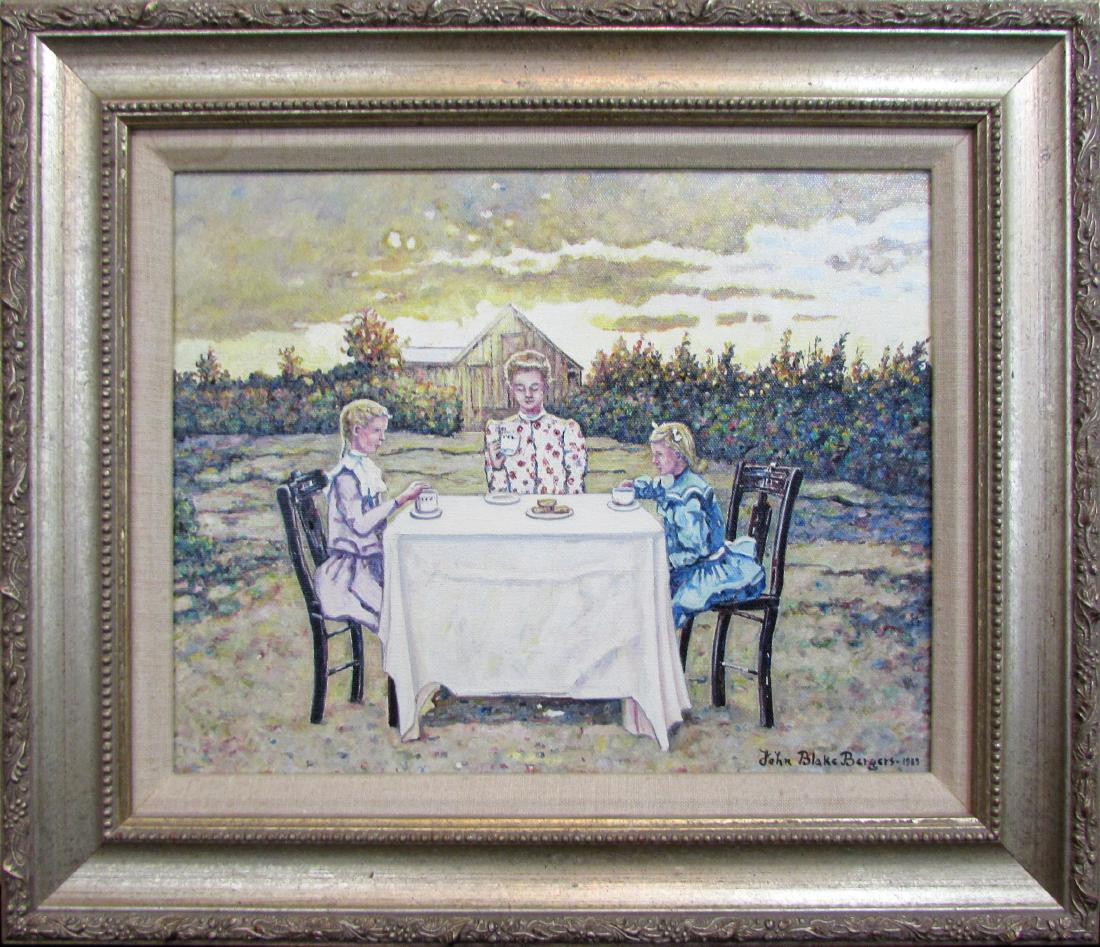 John Bergers, oil on canvas, "The Tea Party" 1989: This original oil on canvas piece by Lindsborg, KS artist, John William Blake Bergers (1931-2011), is titled "The Tea Party" and is dated 1989. In good condition, the image measures 11" x 14" and is s