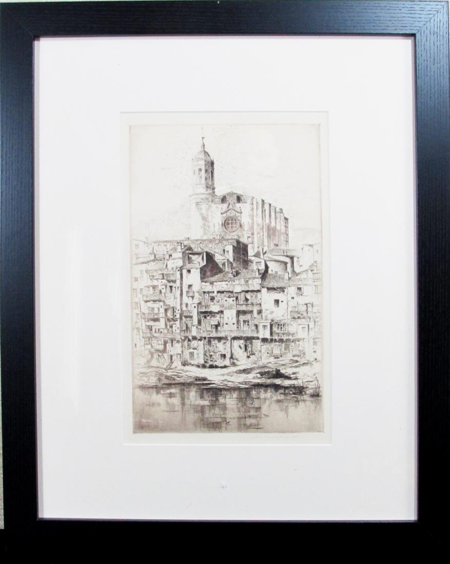 John Taylor Arms, etching, "Gerona", 1925: This original etching by artist Prairie Print Maker, John Taylor Arms, is titled "Gerona" and is dated 1925. In good condition, the image measures 12.25" x 7.5". It is pencil signed and dated by the a