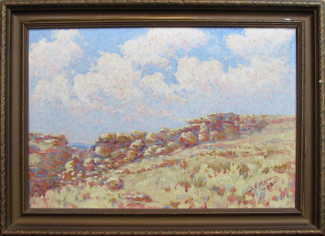 G. N. Malm, oil on canvas, untitled, 1923: This original oil on canvas piece by Lindsborg, KS artist G. N. Malm, features the image of an outcropping and is dated 1923. The image measures 10" x 15" and is in good condition but needs cleaned. S