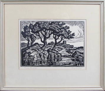 Birger Sandzen, linocut, "Kansas Landscape": This original linocut by Lindsborg, KS artist Birger Sandzen, is titled "Kansas Landscape". In good condition, the image measures 6.5" x 9" and is pencil signed by the artist in the lower right corner