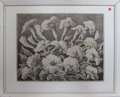 Birger Sandzen, lithograph, "White Trumpets": This original lithograph by Lindsborg, KS artist Birger Sandzen is titled "White Trumpets" and is in good condition. Measuring 17" x 22", this piece is signed by the artist in the lower right corner o