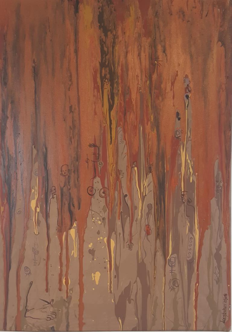 Buhari, Jerry - acrylic on canvas, 2005-2008: This original acrylic on canvas by Jerry Buhari, Zaria, Nigeria, is titled "Fall Colors and Graffiti, Number 1" and is signed "Jerry Buhari" in the lower right. The image measures 18" x 14" and is in