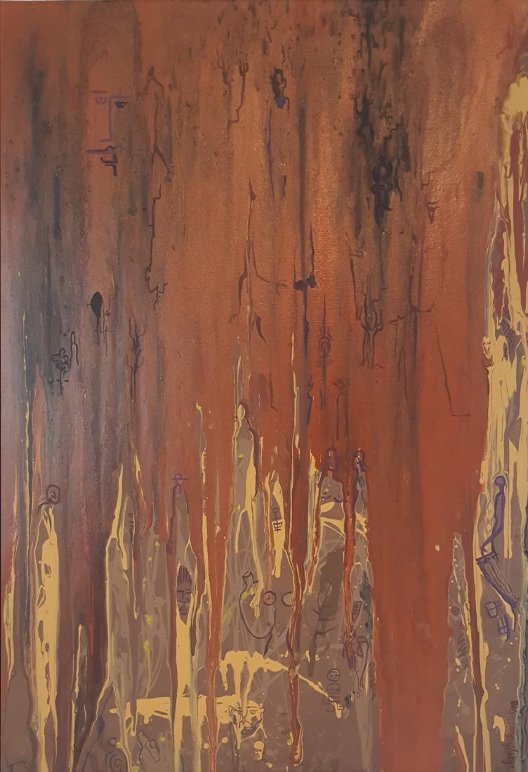 Buhari, Jerry - acrylic on cavnas, 2005: This original acrylic on canvas by Jerry Buhari, Zaria, Nigeria, is titled "Fall Colors and Graffiti, Number 2" and is signed "Jerry Buhari" in the lower right. The image measures 18" x 14" and is in