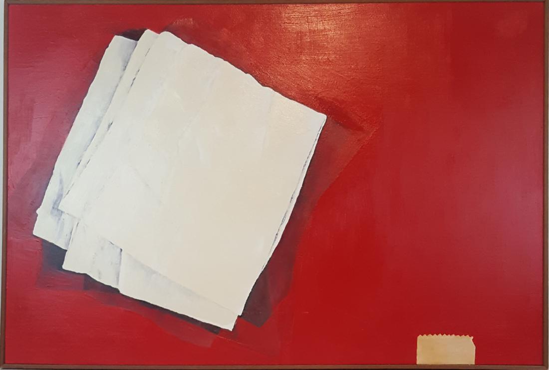 Bartz "Napkins on Tablecloth" oil on canvas, 1979: This original oil by Jim Bartz, Iowa, is titled "Napkins on a Tablecloth" The canvas size is 33" x 49" and is in good condition. While the Raymer Society makes every effort to offer authentic, origina