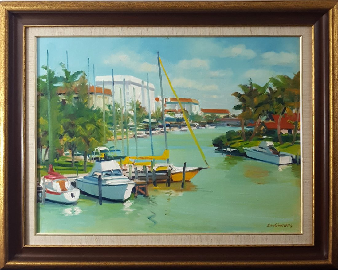San Giacomo "Mooring Line Drive" oil on canvas: San Giacomo, Elsio - "Mooring Line Drive" oil on canvas, 1979, canvas size is 18" x 20" and is in good condition. Elsio San Giacomo, also known as Ellis St. James, worked on Rocky Neck in Gloucester, 
