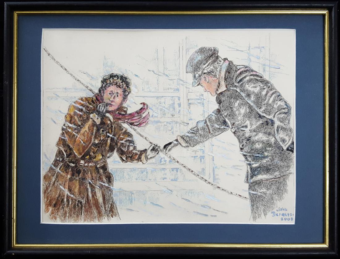 Bergers, John - colored pencil drawing: This original colored pencil drawing by John William Blake Bergers (1931-2011) Lindsborg, is of a snow storm and is in good condition, the image measures 10" x 12.75" and is signed "John Bergers 2009"
