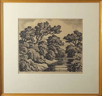 Sandzen "Summer Landscape" lithograph, 1940: This original lithograph by Lindsborg, KS artist Birger Sandzen is titled "Summer Landscape" from 1940. The image measures 9.88" x 11.88" and is in good condition with some toning. This piece is penci