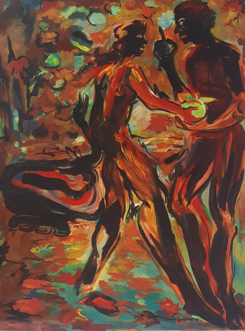 Buhari, Jerry - "The Fall in Fall" acrylic, 2005: This original acrylic on unstretched canvas by Jerry Buhari, Zaria, Nigeria, is titled "The Fall in Fall" and is signed "Jerry Buhari" in the lower right. The image measures 38.5" x 28.5" and is in go