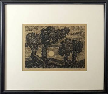 Sandzen "Moonrise in the Foothills" lithograph: This original lithograph by Lindsborg, KS artist Birger Sandzen is titled "Moonrise in the Foothills" and is made in 1923 and printed in an edition of 100. The image measures 7" x 9.75", is pencil sig