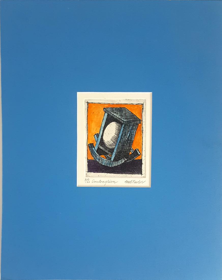 Fowler, Mel - "Contraption #34/100:" etching: Fowler, Mel - "Contraption #34/100:" hand-colored etching, measuring 4" x 3' and penciled signed lower right. While the Raymer Society makes every effort to offer authentic, original artwork it is ult