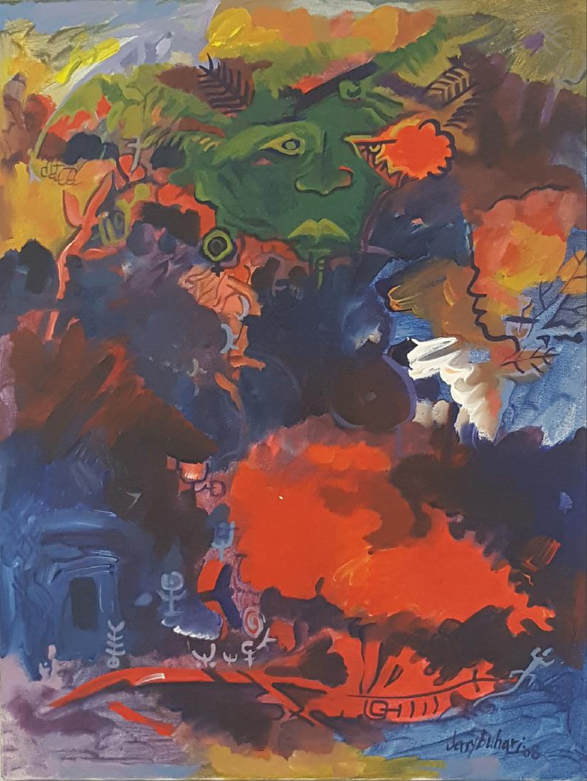 Buhari, acrylic on canvas: This original acrylic on canvas by Jerry Buhari, Zaria, Nigeria, is titled "Faces, Images and Motifs" and is signed "Jerry Buhari" in the lower right. The image measures 18" x 14" and is in good condi