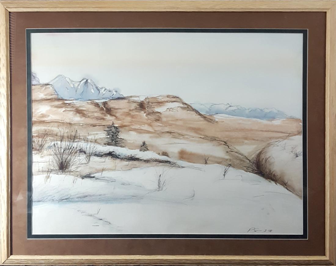 Sims, Phil - mountain flats, watercolor, 1988: Sims, Phil - mountain flats, watercolor, 1988 is signed in the lower right and in good condition. The painting measures 21.25" x 29". While the Raymer Society makes every effort to offer authentic, or