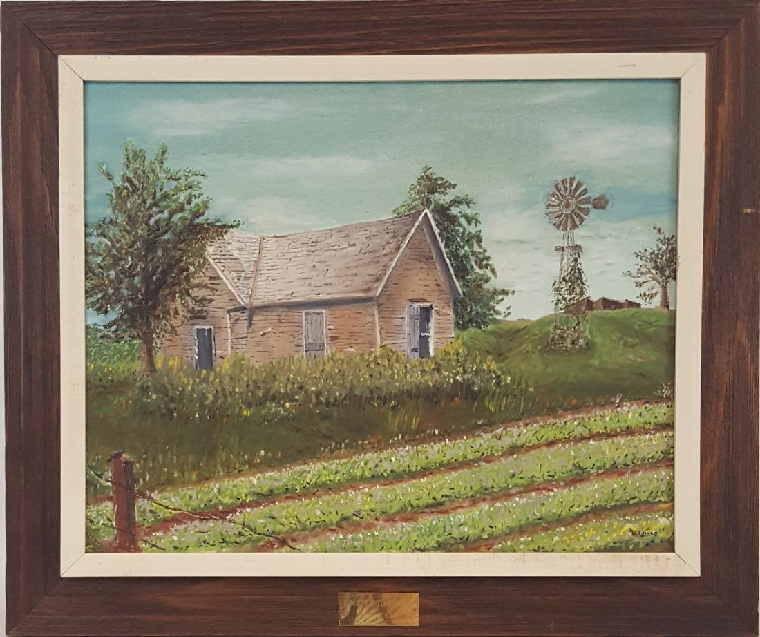 Jones, R.B. - "Moved to Town" oil on board: This original oil on board piece by artist R. B. Jones is titled "Moved to Town" and is dated 1975. The image measures 16" x 20", is in good condition, and is signed my the artist in the lower right c