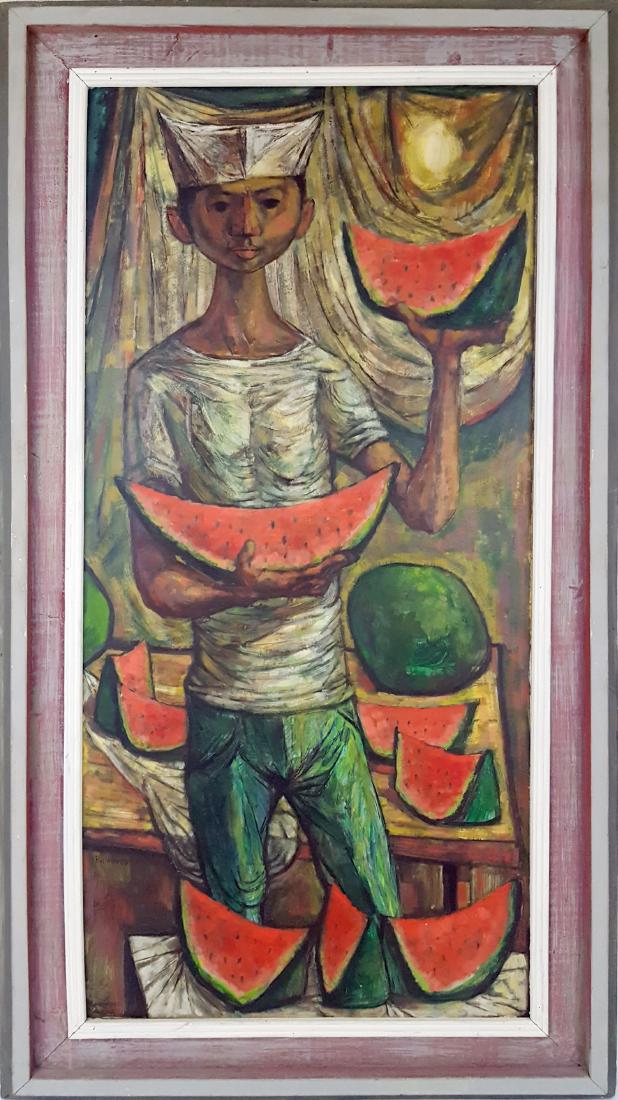 Raymer, Lester - "Melon Boy" oil on board, 1960: This original oil on canvas by Lindsborg, Ks artist Lester Raymer (1907-1991), features the images of a two boys, one holding 1981. In good condition, this piece measures 22.75" x 32" and is signed in