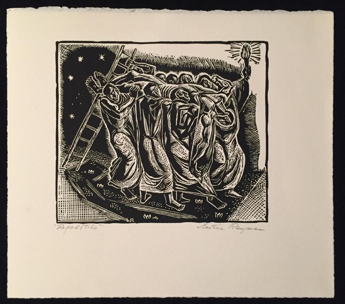 Raymer, Lester - linoleum cut print, good condition,: This original linoleum cut print by Lindsborg, Ks artist Lester Raymer (1907-1991), titled "Deposition" and signed in pencil in the lower right is in good condition and unframed, this image measures 5