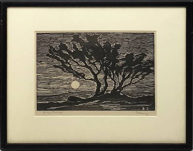 Sandzen, Birger - woodcut, good condition, 6x9: "Evening" by Birger Sandzen is an original wood cut, printed in 1916. Image size is 6" x 9" and in good condition. This print in pencil signed, Birger Sandzen, in the lower left. Winning bids are