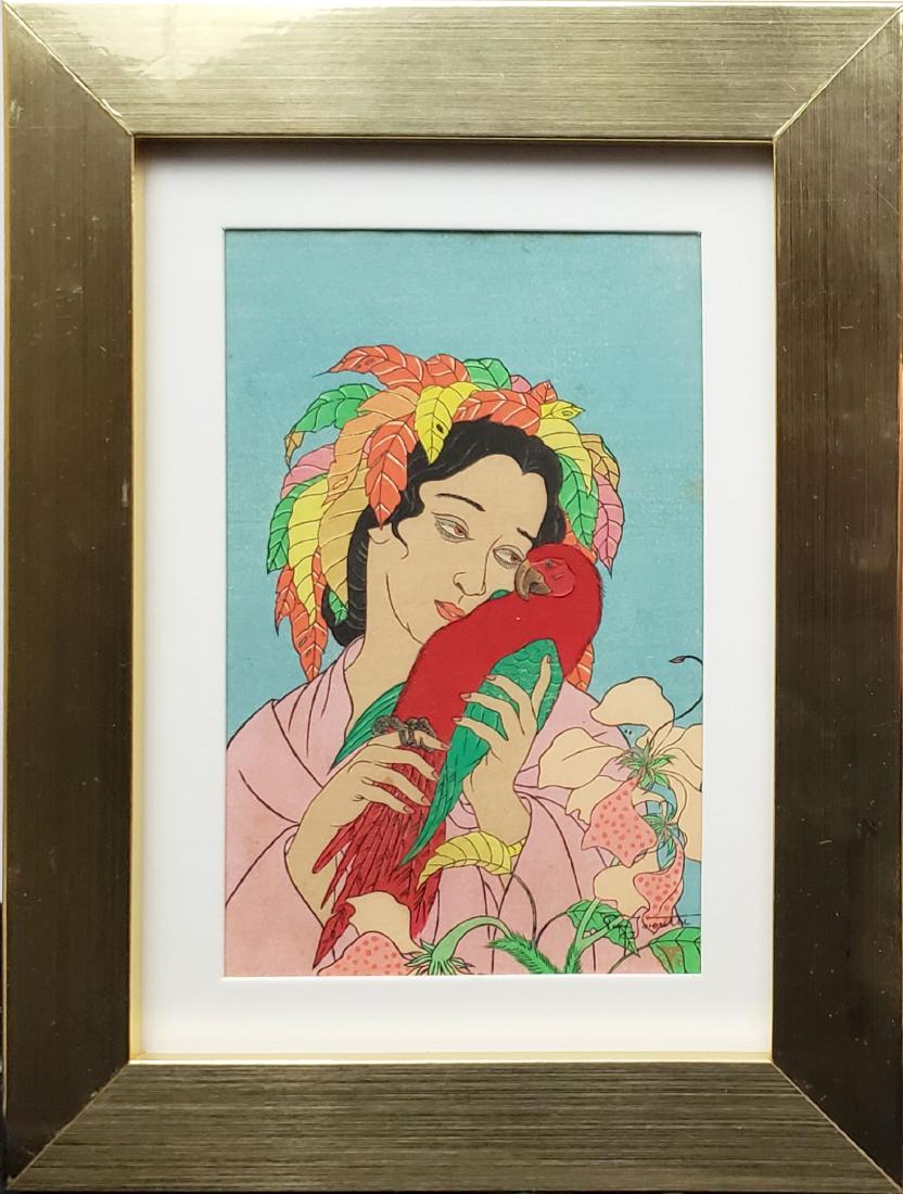 Jacoulet, Paul - colored woodblock print, good: An original colored woodblock print by Paul Jacoulet (b. 1896-1960), titled "Chagrin d'Amour Kusaie est Carolines", circa 1940, measures 6" x 4" and is in good condition. Some of the image appears to