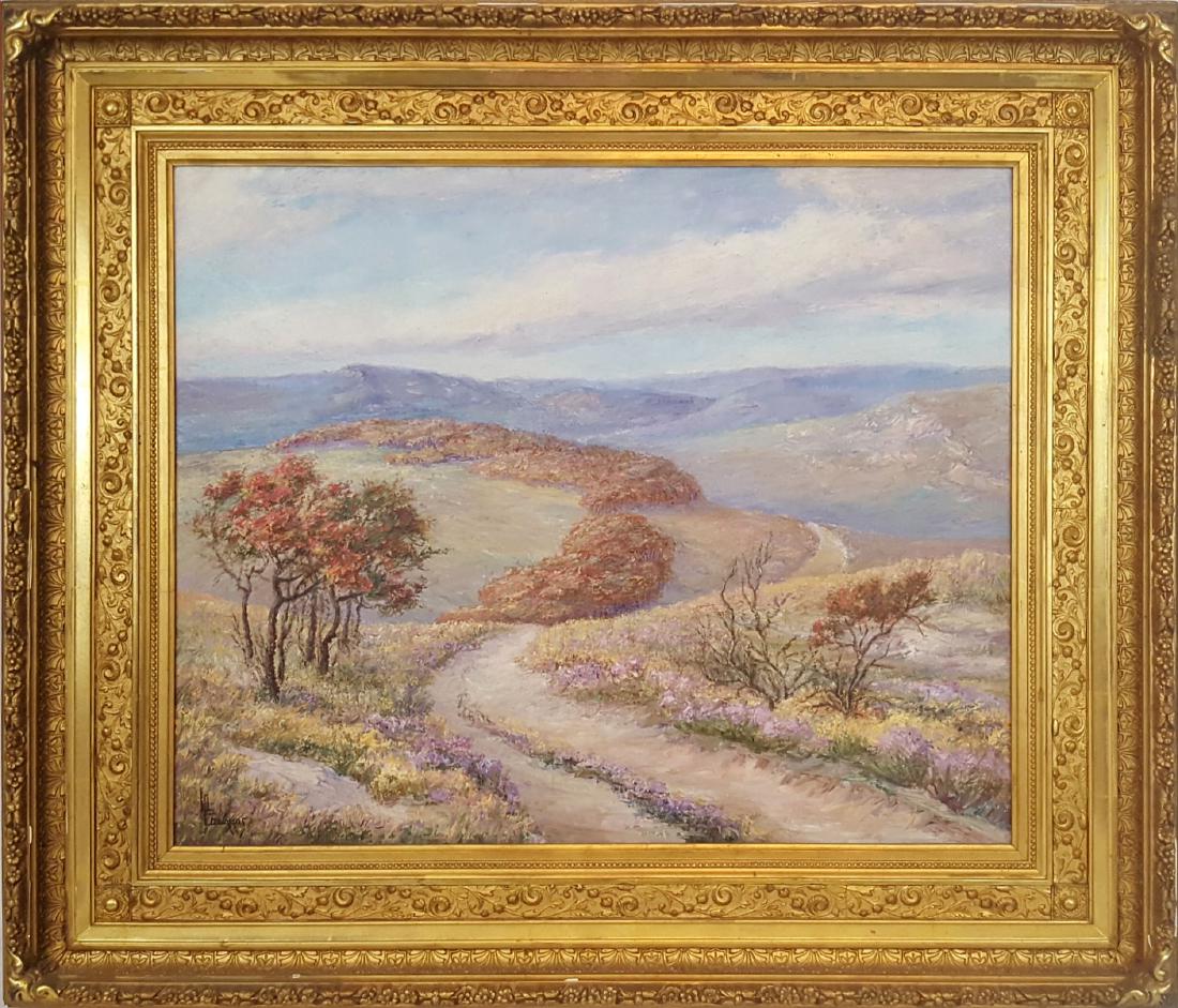 Edwards, L. Pearl L. - oil on canvas, good condition,: This oil on canvas by Pearl L. Edwards is titled "Fall in the Flint Hills", measures 22: x 26", with the frame measures 32" x 37" x 4" and is in good condition and signed in the lower left. Edwards st