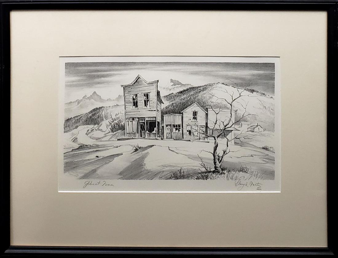 Foltz, Lloyd - lithograph, good condition, 7x12.5: This original lithograph, "Ghost Town" by Lloyd Foltz (1897-1990) measures 7" x 12.5" and is pencil signed on the lower right. Born in the Flint Hills of Kansas, printmaker, Lloyd Foltz specialized in
