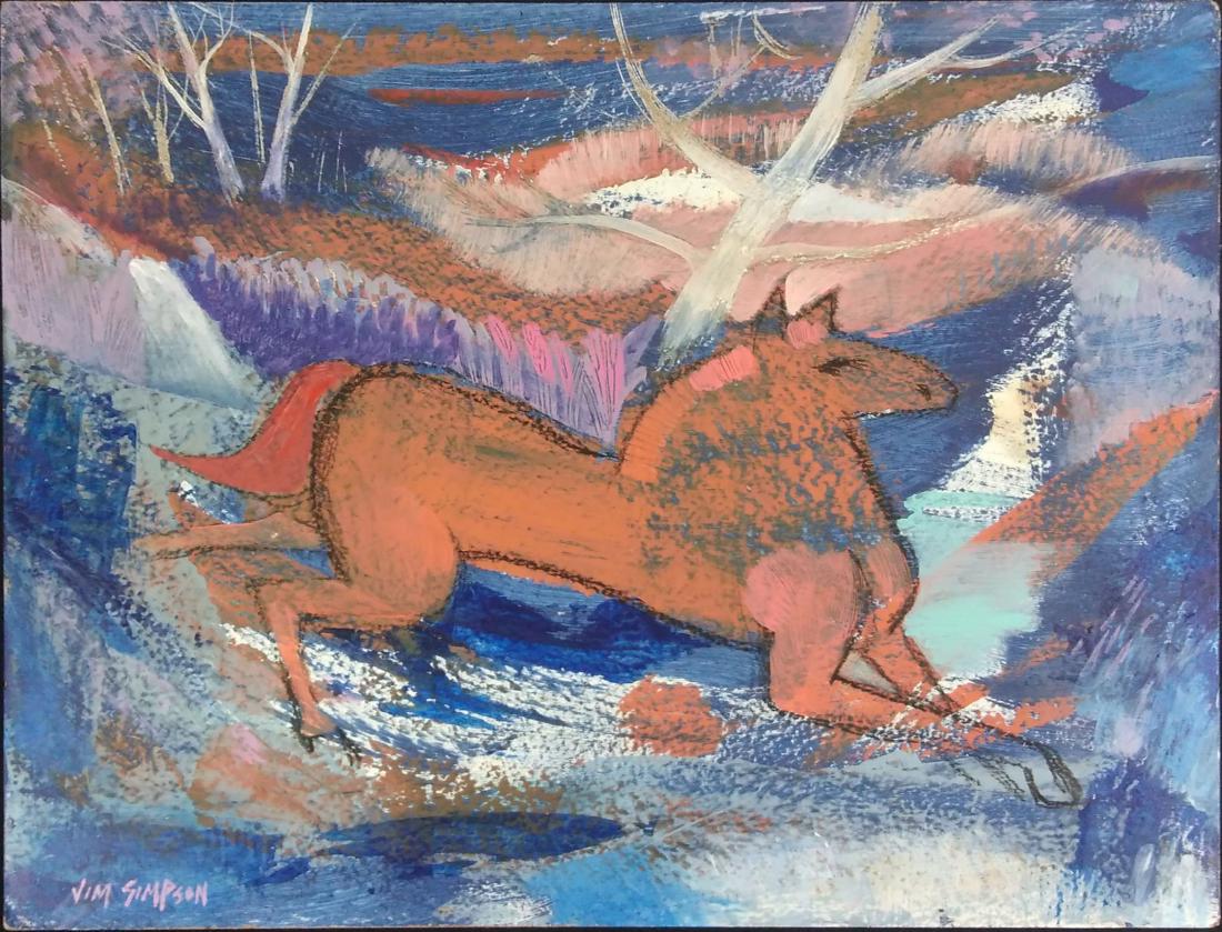 Simpson, Jim - acrylic/charcoal on board, ,: â€œMy art starts with the act of soaking up thousands of pieces of color, pattern or unique form. This storehouse of inspirational fragments are reflected in my work later,â€ Simpson said. â��