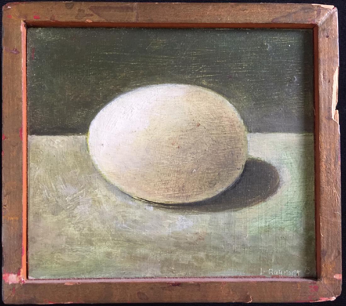 Raymer, Lester - oil on board, good condition, 4x4.5: This original oil on board by Lindsborg, Ks artist Lester Raymer (1907-1991), of one of Raymer's most sought after images, the egg is dated 1973. and is in good condition, the original Raymer frame ha