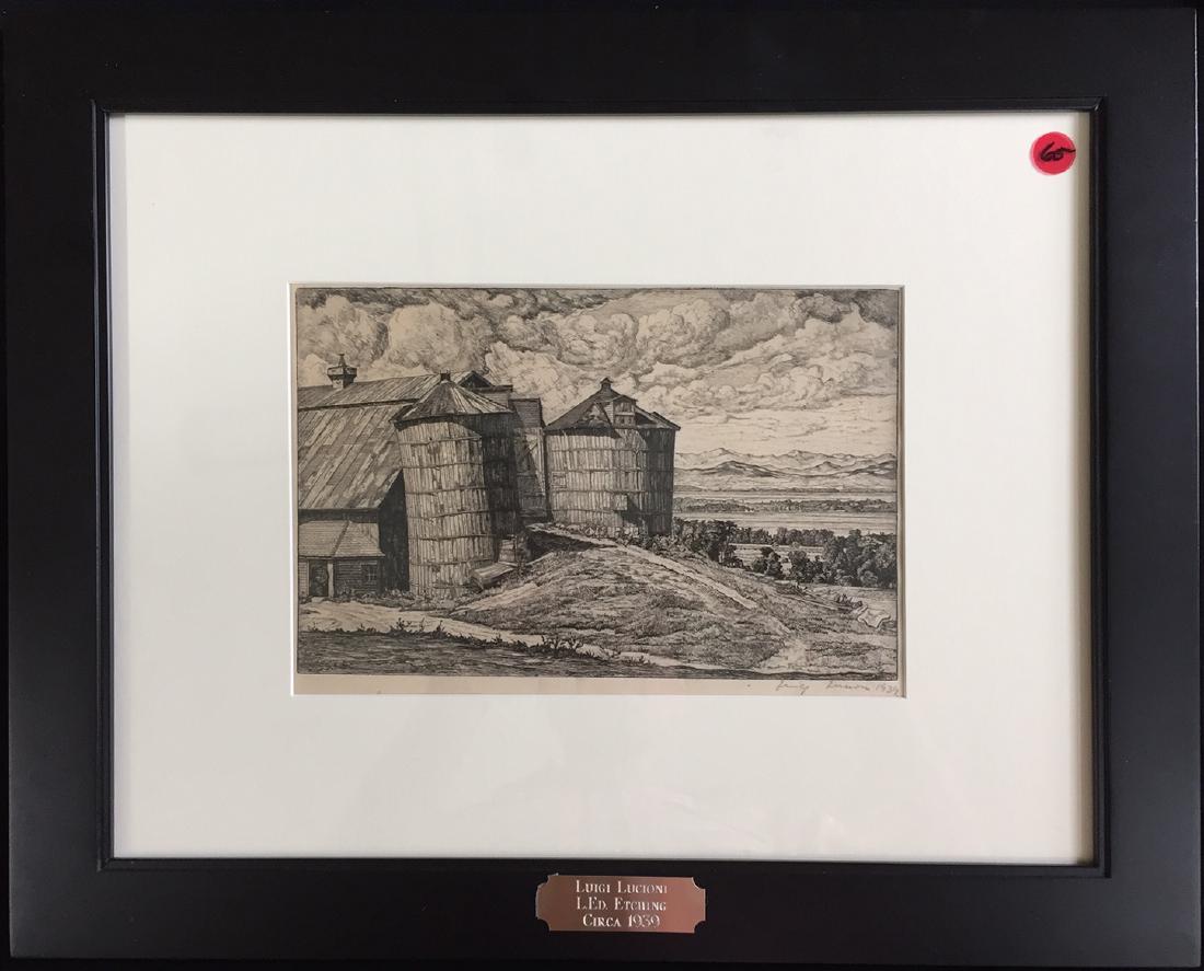 Lucioni, Luigi - etching, good condition, 7.25x11: Up for auction is a pencil signed and dated etching by Luigi Lucioni 1939, titled "Two Silos" by Luigi Lucioni. It measures 7.25" x 11" and is in good condition. Born in Malnate, Italy, in 1900, Luigi