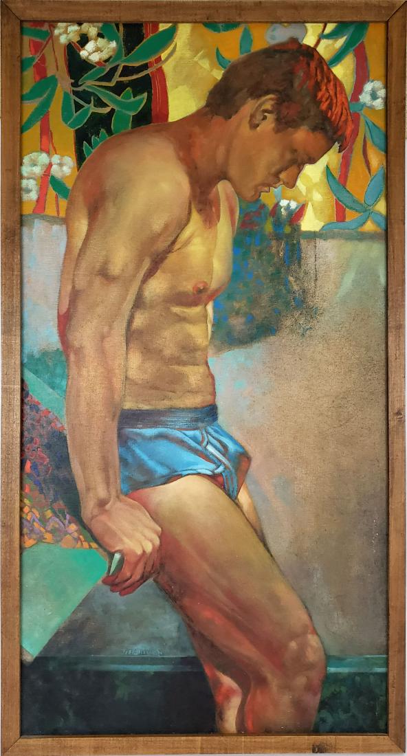 Morin, Jeffery - oil on board, good condition,: This original oil painting of a young man, "Leif", is in excellent conditon and measures 47.25" x 23.25", signed "Jeff Morin" in the lower left and was painted by the artist while assistant proffessor