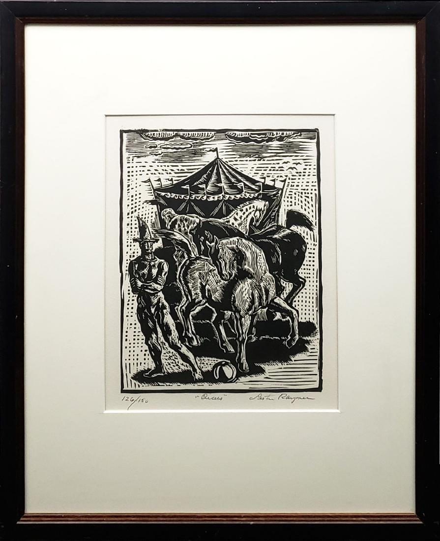 Raymer, Lester - lino cut print, good condition, 9x6.5: This original linoleum cut print titled "The Circus"126/150 by Lindsborg, Ks artist Lester Raymer (1907-1991), In good condition with Raymer's signature in the lower right and measures 9" x 6.5". Winn