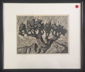 Sandzen, Birger - linoleum cut print, good condition,: "Trees and Rocks," 1925, by Birger Sandzen is a linoleum cut print. Image size is 9" x 12" and in good condition. This print is pencil signed, Birger Sandzen, in the lower left. Winning bids are packa