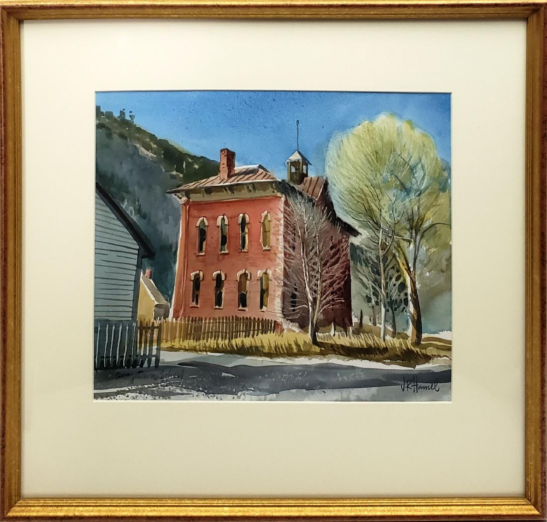 Hamil, James R. - watercolor, good condition,: Original watercolor by James R. Hamil (1937-) is titled "Georgetown School" is dated 1985. It measures 11.75" x 13.5" and is in good condition. Hamil is active/lives in Missouri, Kansas, Nebraska and 
